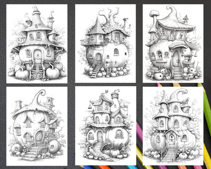 40 Pumpkin Fairy Houses Grayscale Coloring Pages Printable for Adults, PDF File Instant Download