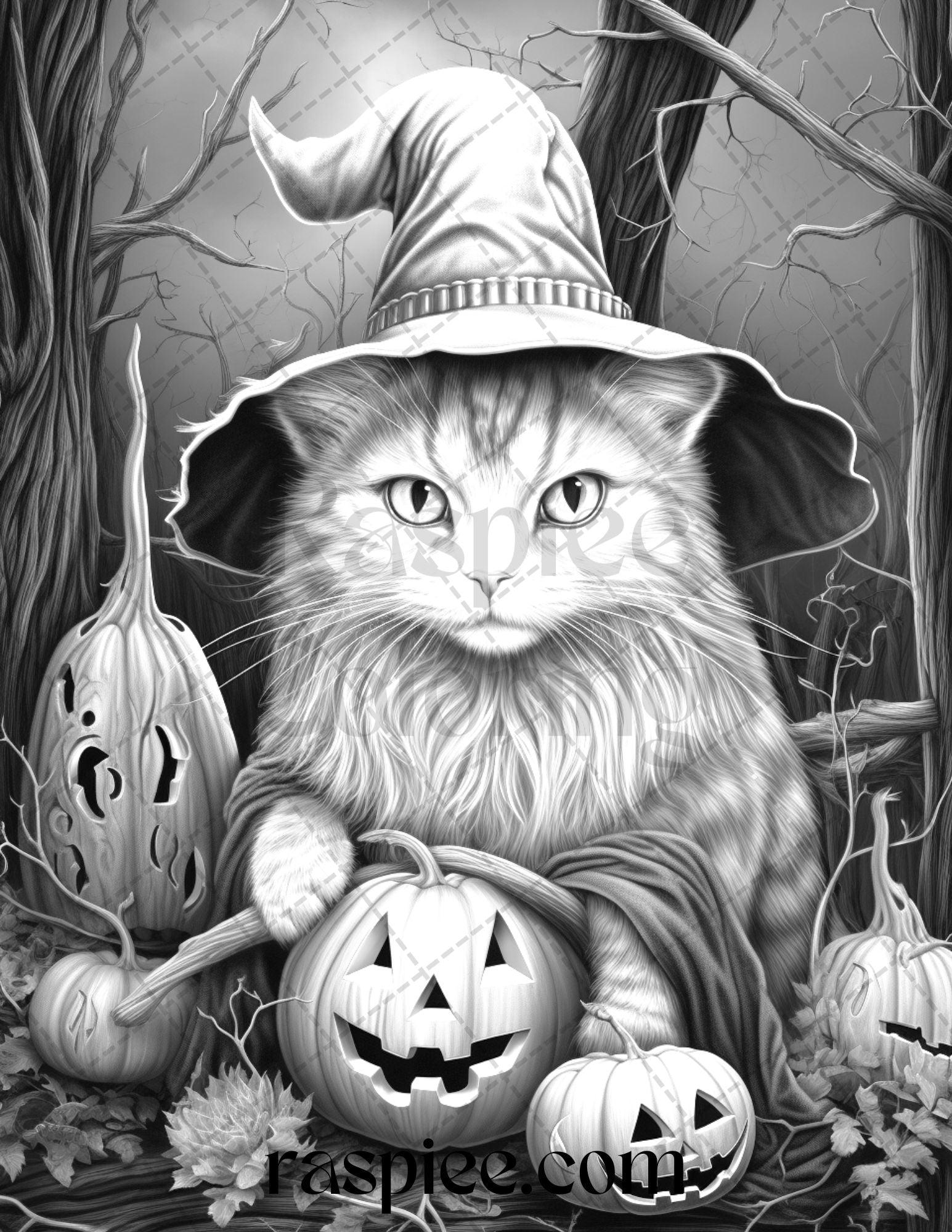 40 Halloween Witch Cat Grayscale Coloring Pages Printable for Adults, PDF File Instant Download