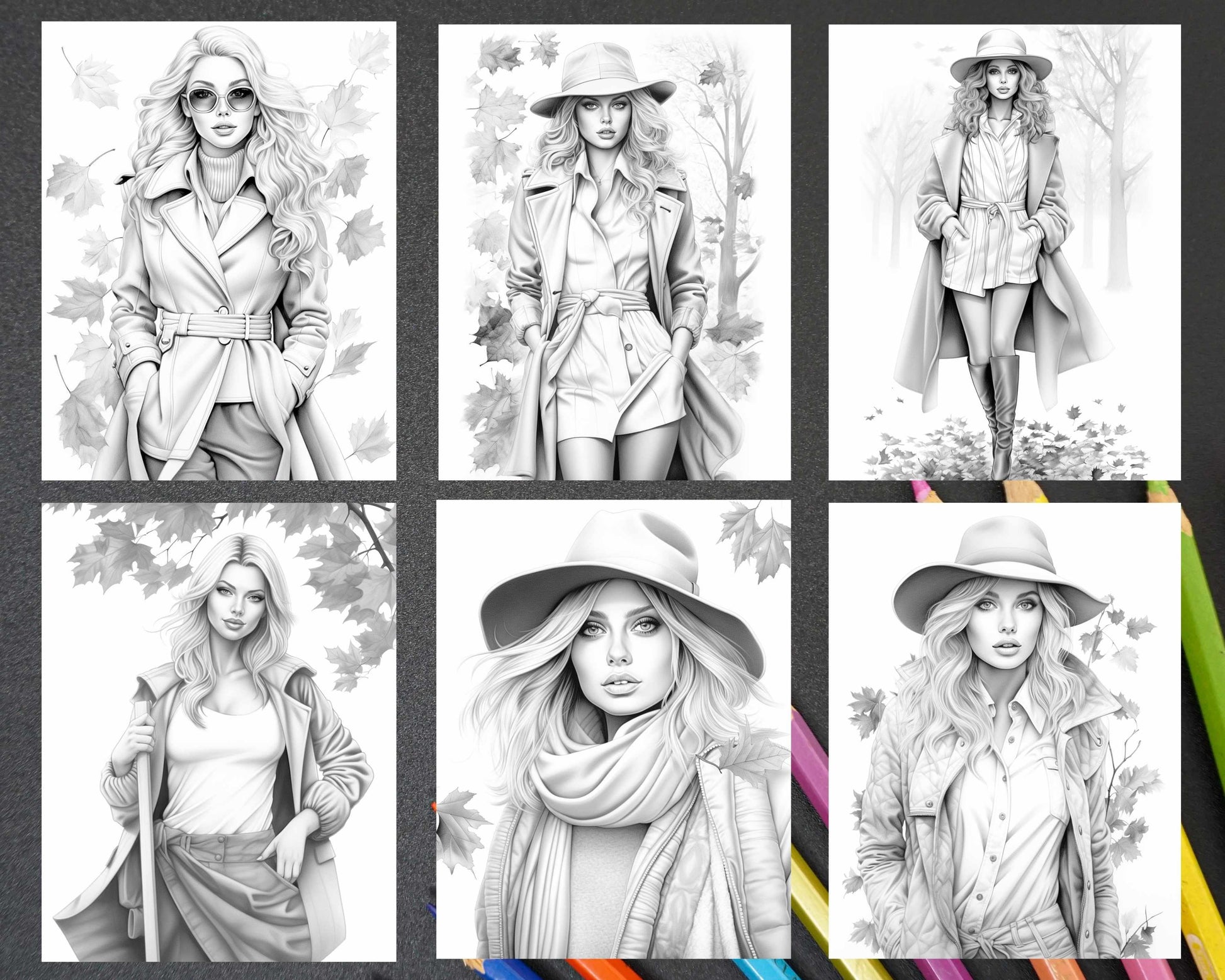 40 Fall Fashion Grayscale Coloring Pages for Adults, Printable PDF File Instant Download