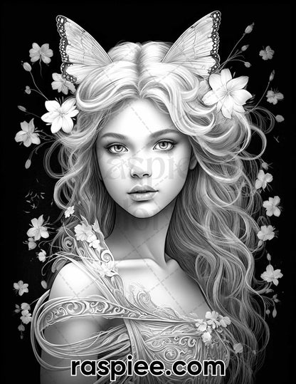 50 Starlight Fairy Grayscale Coloring Pages for Adults, Printable PDF File Instant Download