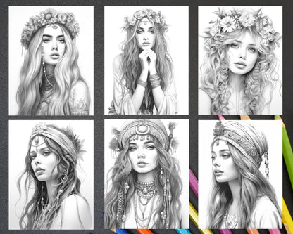 43 Beautiful Hippie Girls Grayscale Coloring Pages Printable for Adults, PDF File Instant Download