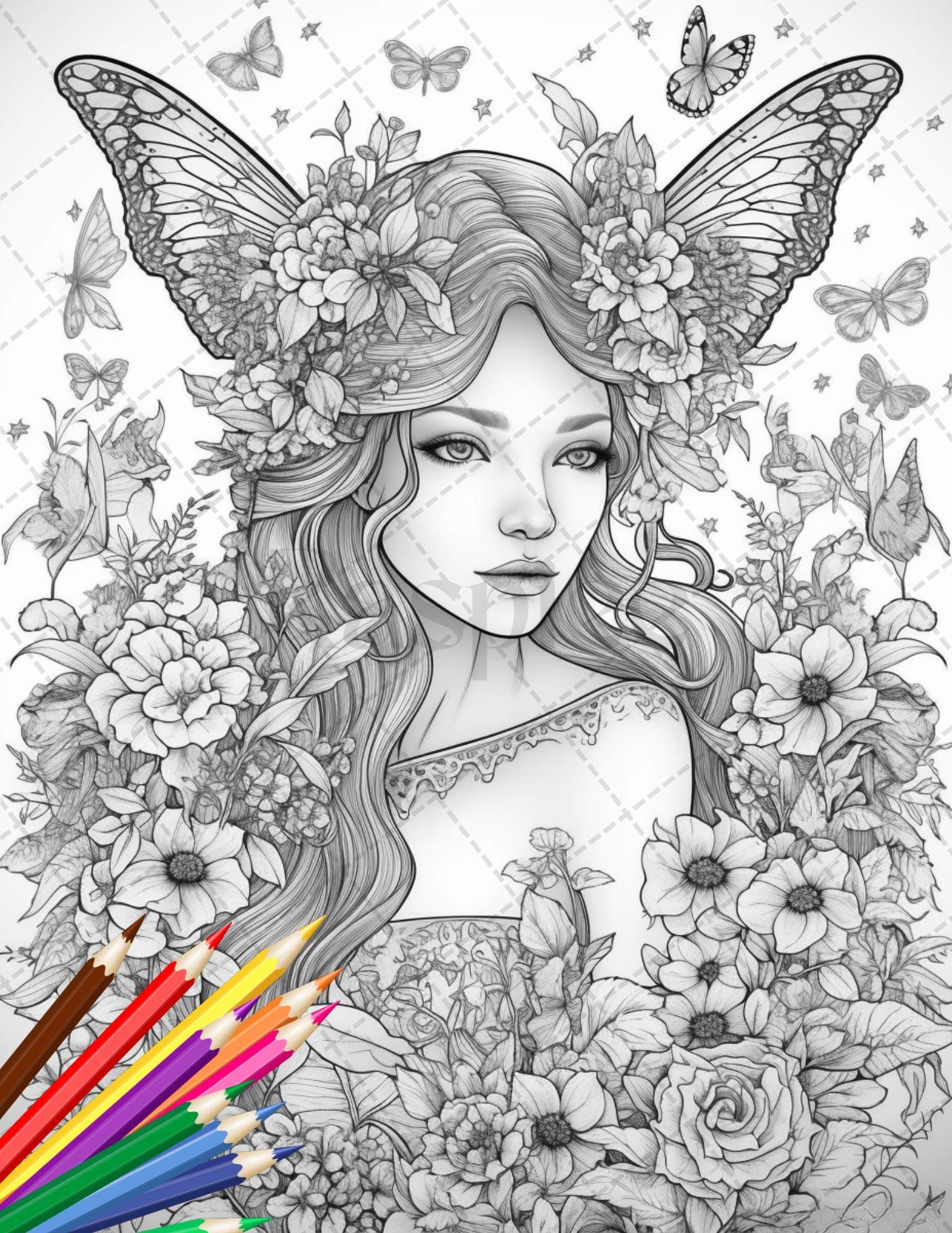 30 Beautiful Fairies Coloring Page Book for Adults, Flower Fairy Grayscale Coloring Book, Fairy Coloring Sheets, Printable PDF File Download