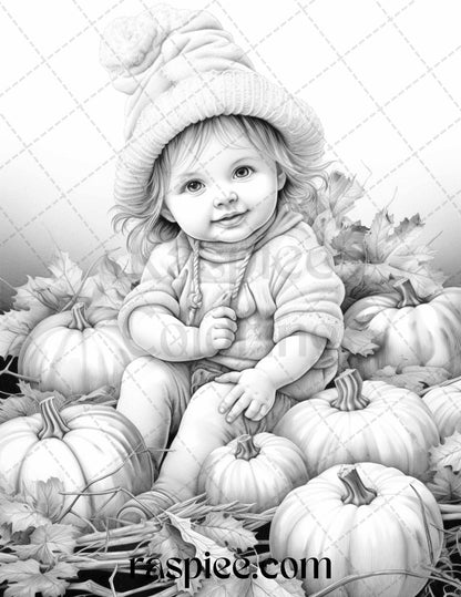 40 Pumpkin Babies Grayscale Coloring Pages for Adults and Kids, Printable PDF File Instant Download