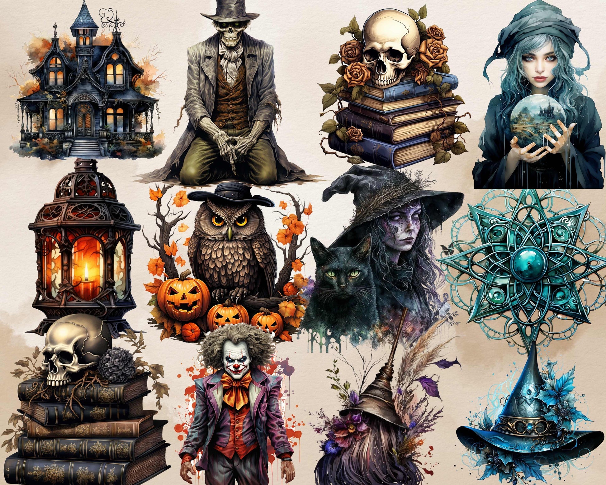 260+ PNG Watercolor Halloween Gothic Clipart Mega Bundle, Creepy Halloween Illustrations