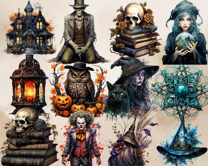 260+ PNG Watercolor Halloween Gothic Clipart Mega Bundle, Creepy Halloween Illustrations