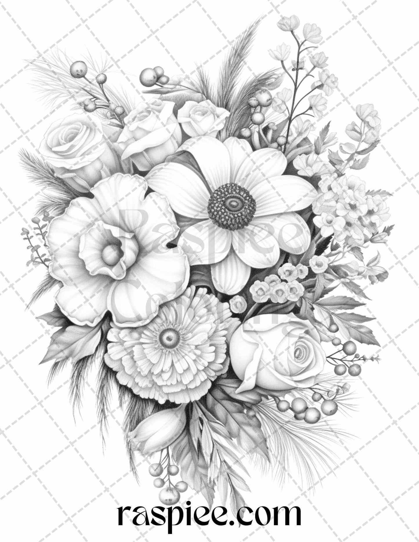 45 Christmas Flowers Grayscale Coloring Pages Printable for Adults, PDF File Instant Download