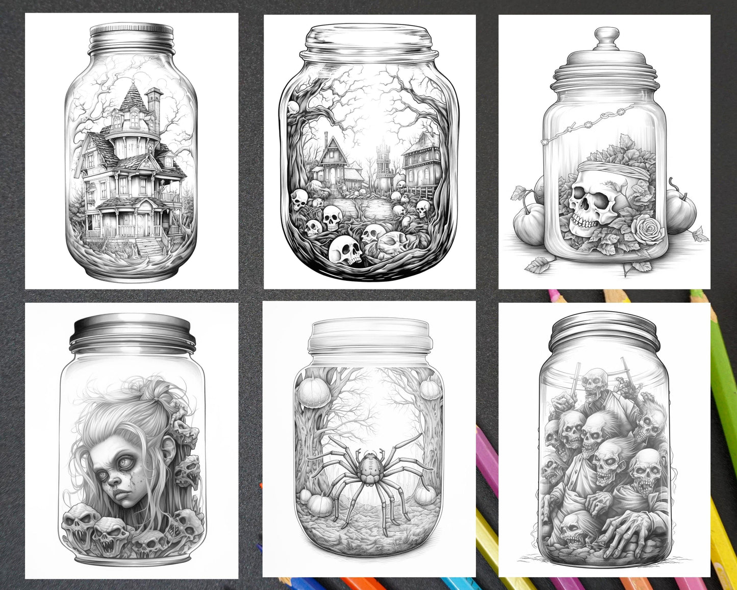 40 Halloween in Jar Grayscale Coloring Pages for Adults, Printable PDF File Instant Download