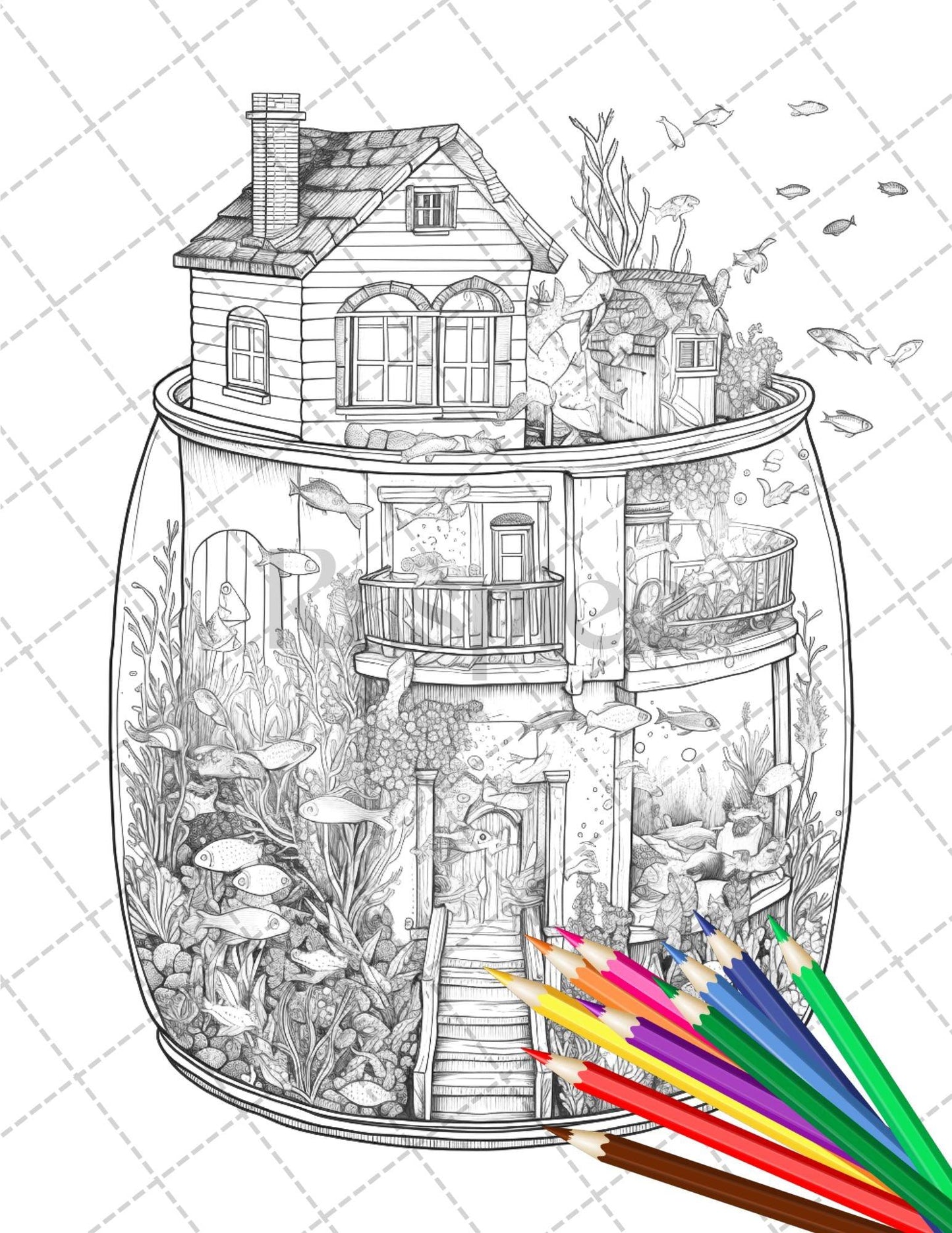 34 Fishtank Houses Coloring Book for Adults, Grayscale Coloring Page, Printable PDF Instant Download