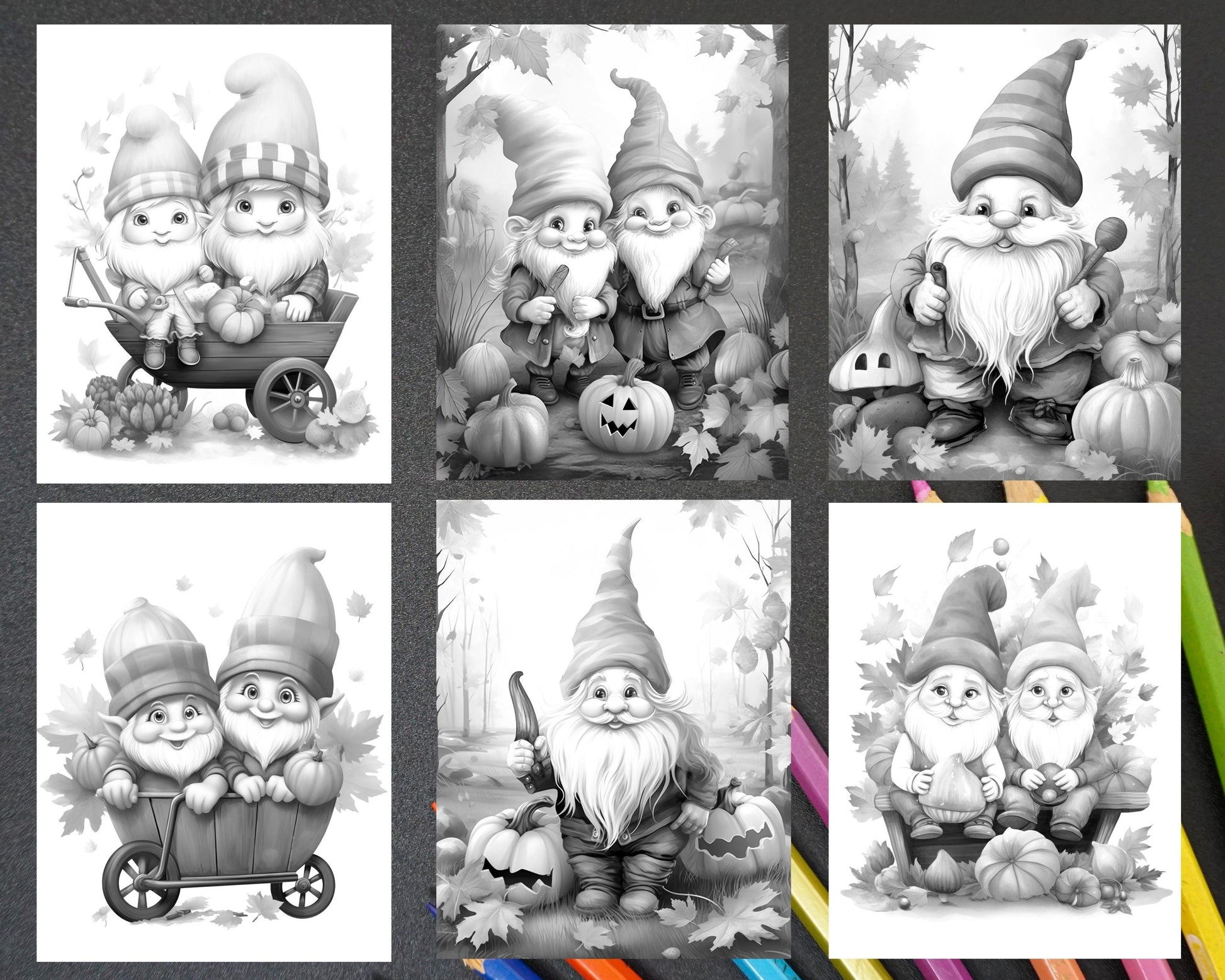 40 Fall Gnomes Grayscale Coloring Pages Printable for Adults Kids, PDF File Instant Download