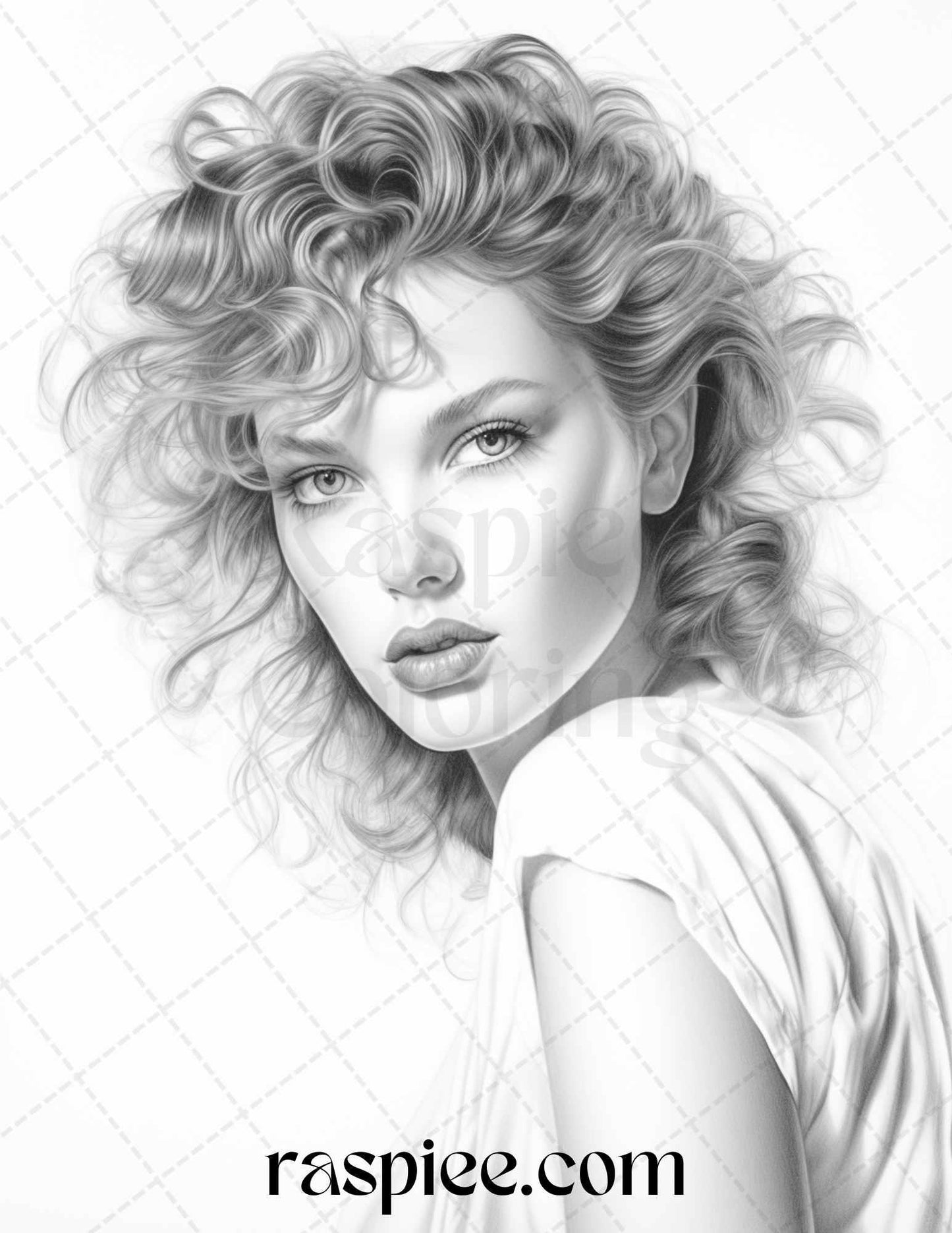 1980s Retro Beautiful Women Grayscale Coloring Pages for Adults, PDF File Instant Download