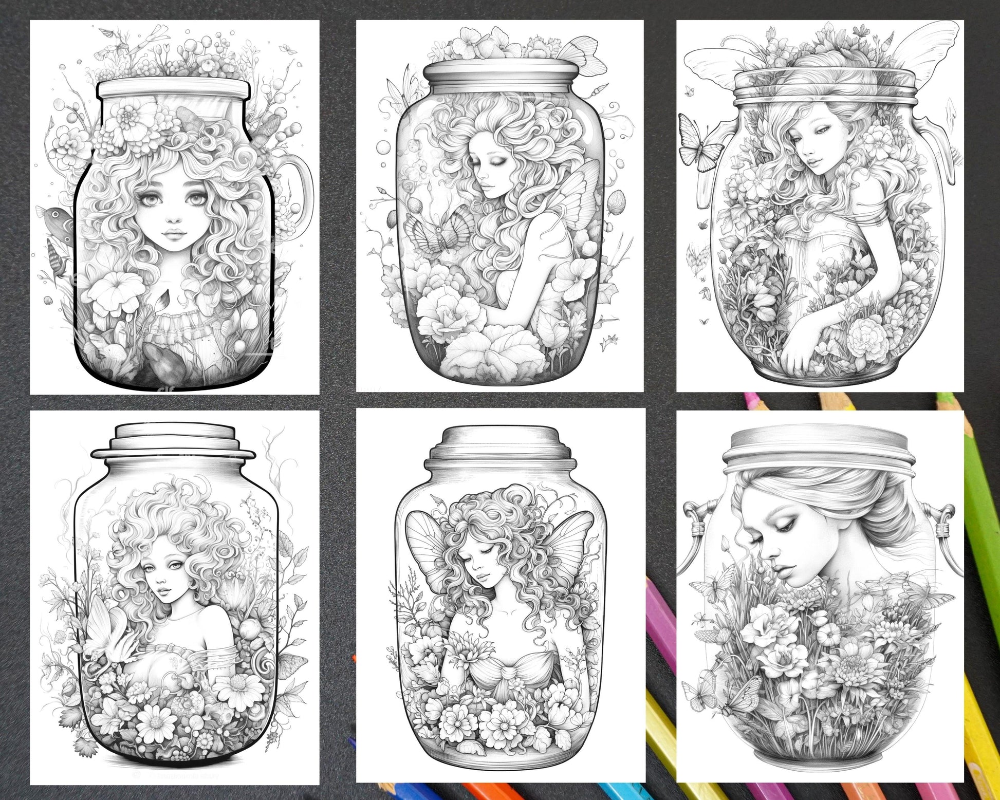 40 Beautiful Fairies in Jar Grayscale Coloring Pages Printable for Adults, PDF File Instant Download