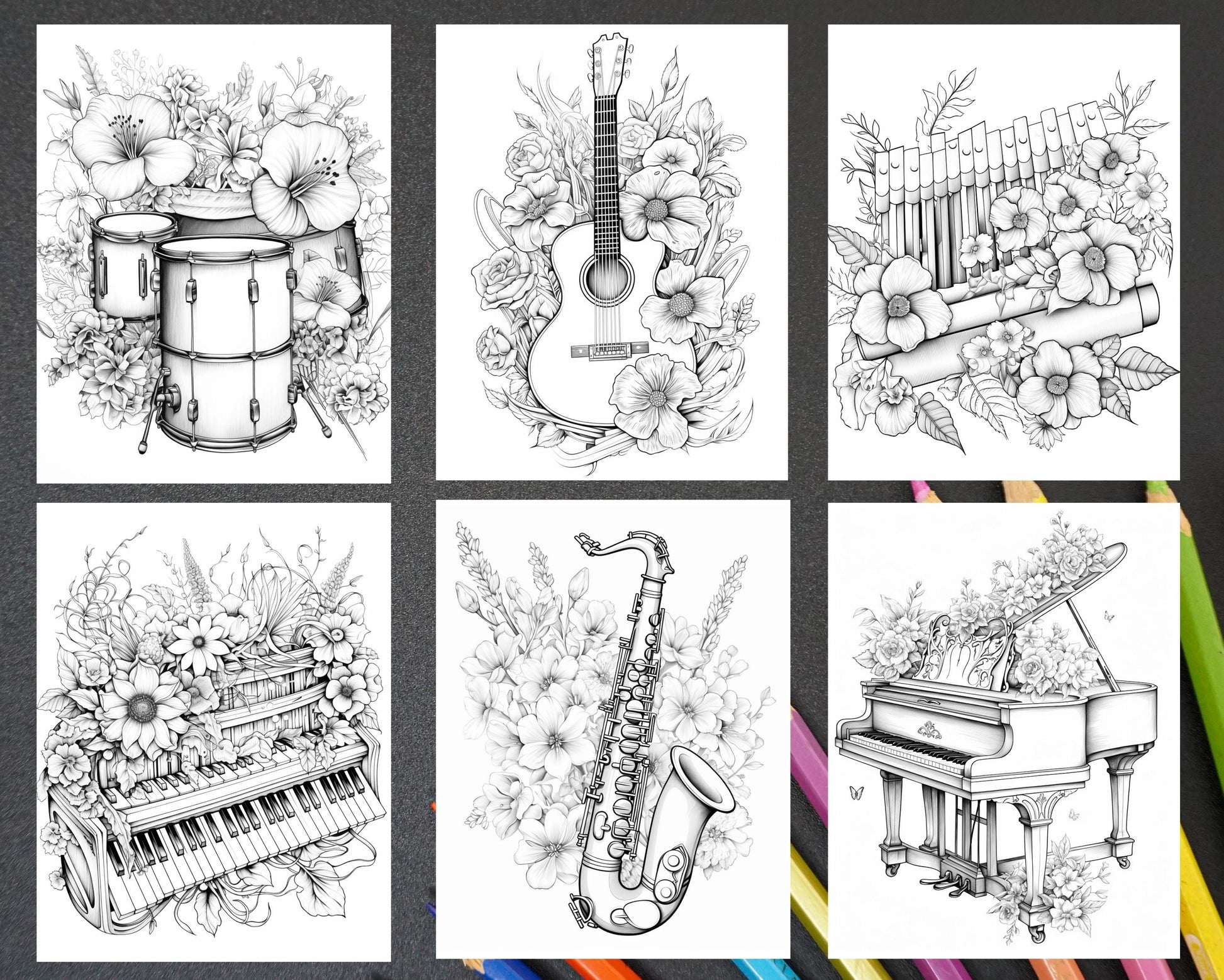 30 Musical Instrument Flower Grayscale Coloring Pages Printable for Adults, PDF File Instant Download