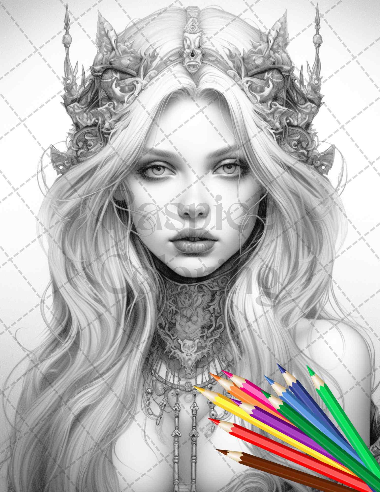 40 Beautiful Gothic Girls Grayscale Coloring Pages Printable for Adults, PDF File Instant Download