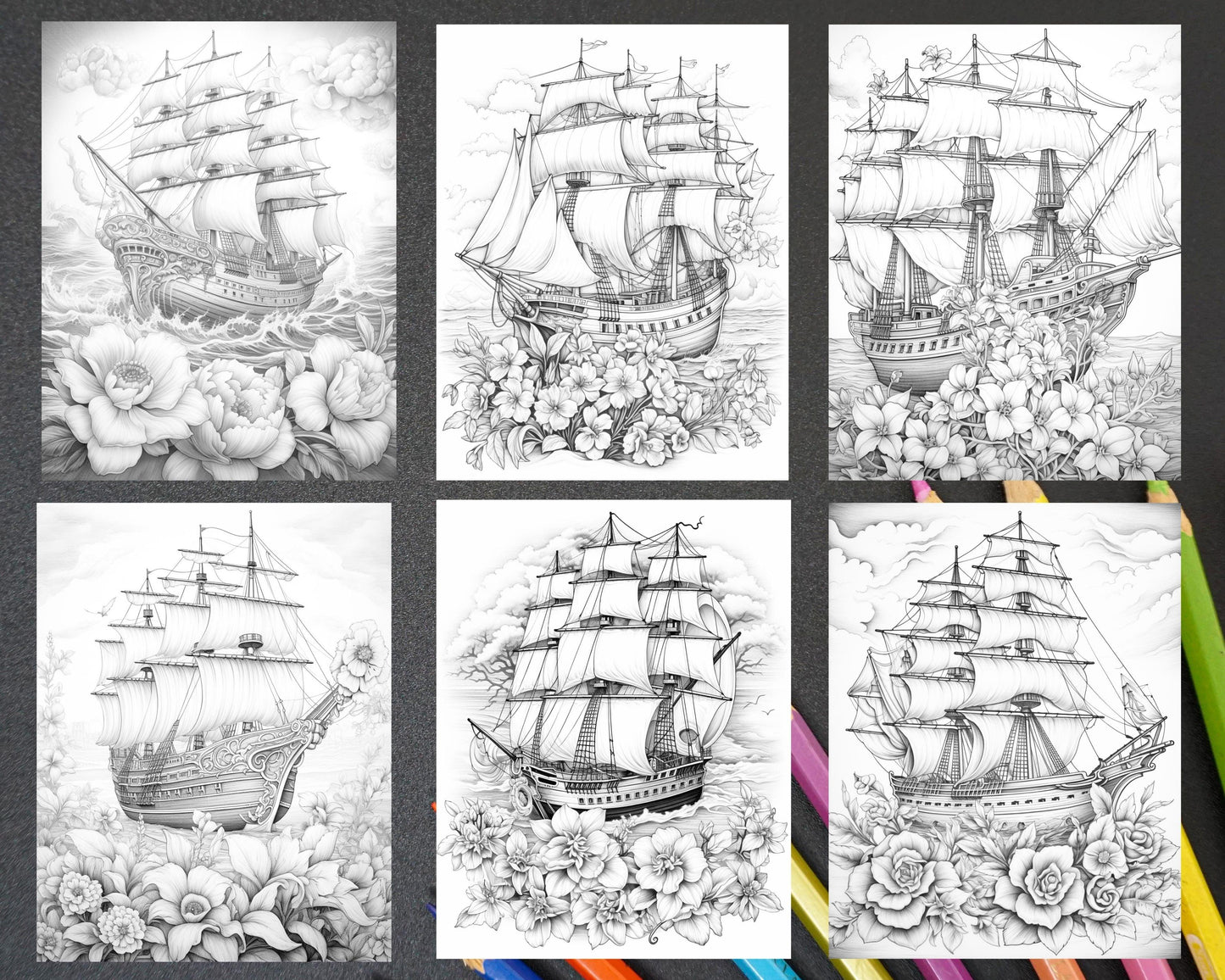 44 Flower Ships Graysale Coloring Pages Printable for Adults, PDF File Instant Download