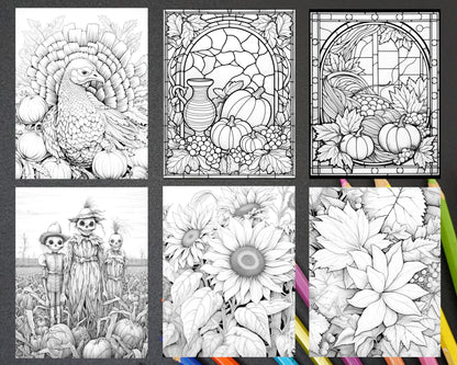 40 Happy Thanksgiving Grayscale Coloring Pages for Adults, Printable PDF Instant Download