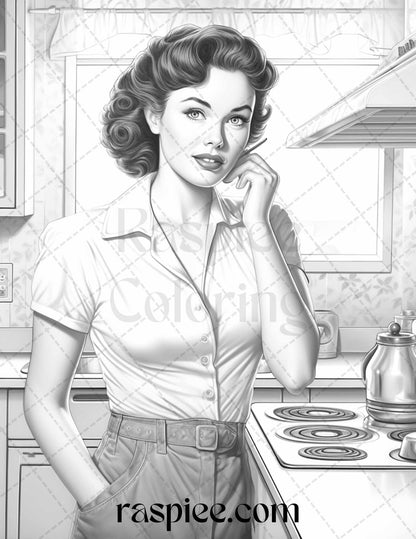 40 Retro Housewives Grayscale Coloring Pages for Adults, Printable PDF File Instant Download