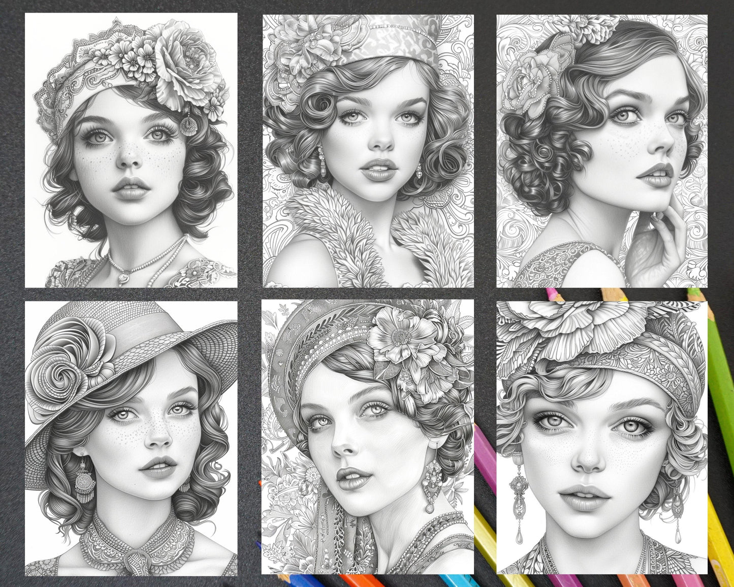 70 Gatsby Glamour Grayscale Adult Coloring Pages, Printable PDF Instant Download