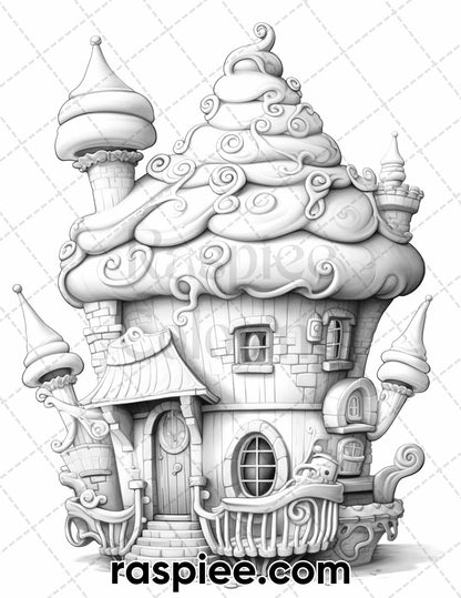 40 Whimsical Cupcake Houses Grayscale Coloring Pages for Adults, Printable PDF Instant Download