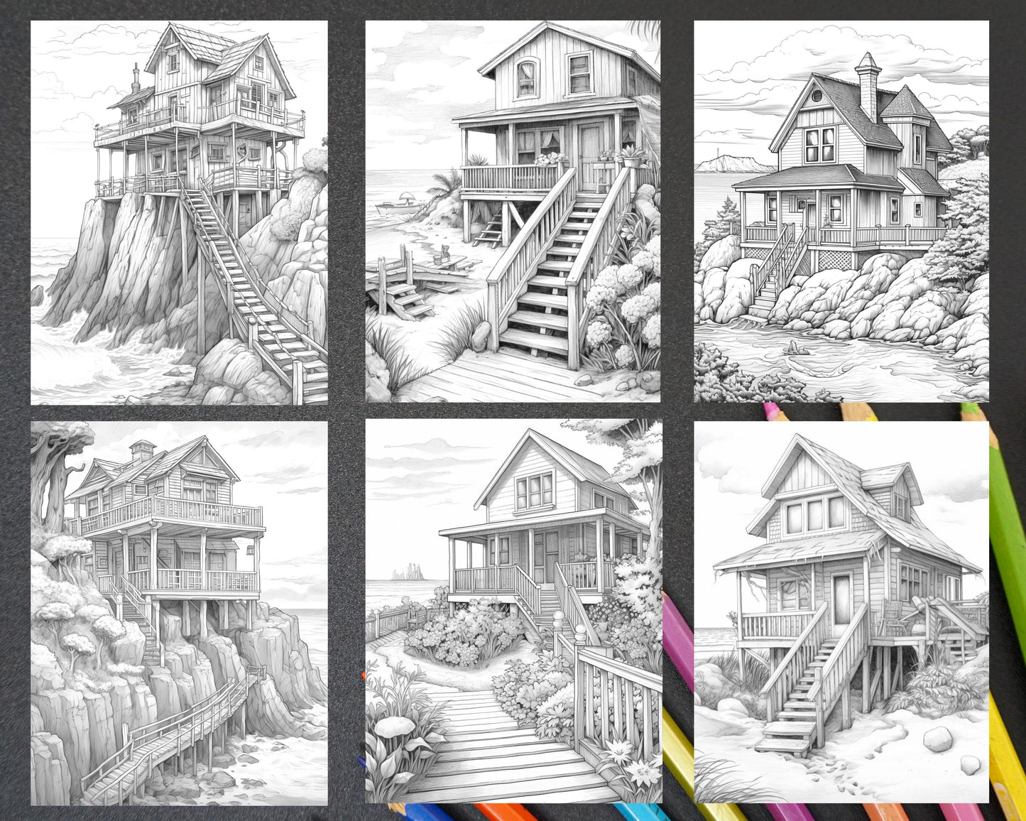 42 Wooden Beach Houses Grayscale Coloring Pages Printable for Adults, PDF File Instant Download