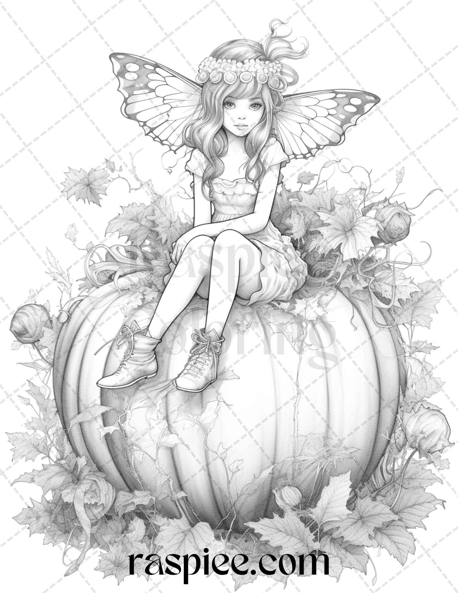 40 Pumpkin Fairy Girls Grayscale Coloring Pages Printable for Adults, PDF File Instant Download