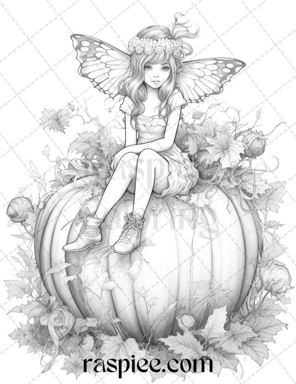 40 Pumpkin Fairy Girls Grayscale Coloring Pages Printable for Adults, PDF File Instant Download