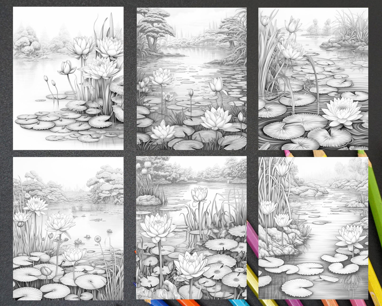 40 Lotus Pond Serenity Grayscale Adult Coloring Pages, Printable PDF Instant Download