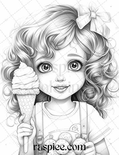 42 Adorable Girls with Ice Cream Grayscale Coloring Pages Printable for Adults Kids, PDF File Instant Download