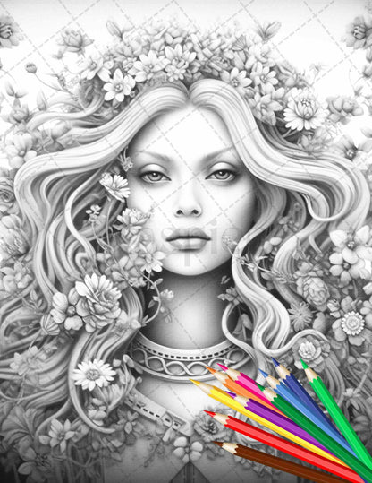 38 Flower Goddess Coloring Pages Printable for Adults, Grayscale Coloring Page, PDF File Instant Download