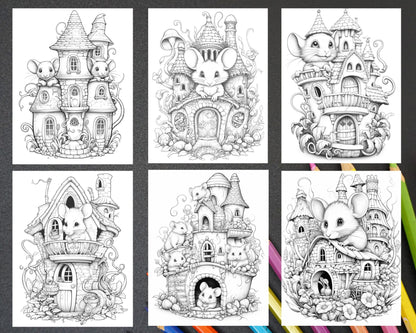 40 Magical Mouse Houses Grayscale Coloring Pages Printable for Adults, PDF File Instant Download