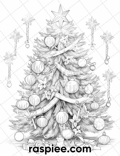 40 Christmas Tree Grayscale Coloring Pages for Adults, Printable PDF Instant Download