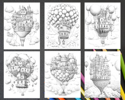 40 Fantasy Sky Houses Grayscale Coloring Pages Printable for Adults, PDF File Instant Download