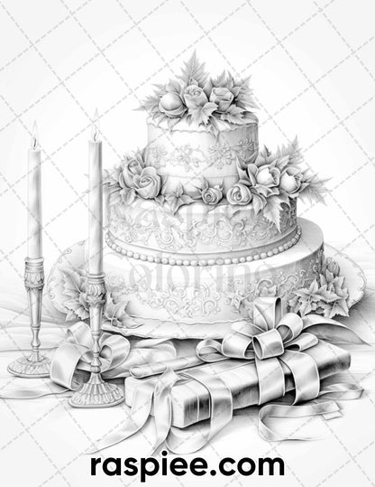 45 Christmas Cakes Grayscale Coloring Pages for Adults, Printable PDF File Instant Download