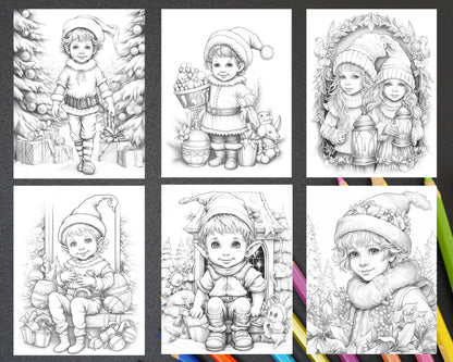 110 Christmas Elves Grayscale Coloring Pages Printable for Adults Kids, PDF File Instant Download