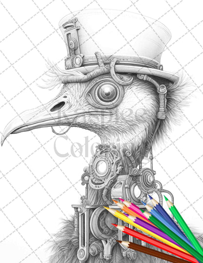 45 Steampunk Animals Grayscale Coloring Pages Printable for Adults Vol. 2, PDF File Instant Download