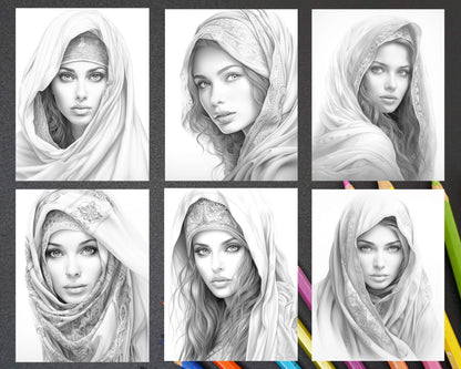 42 Arabian Woman Portrait Gayscale Coloring Pages for Adults, Printable PDF Instant Download