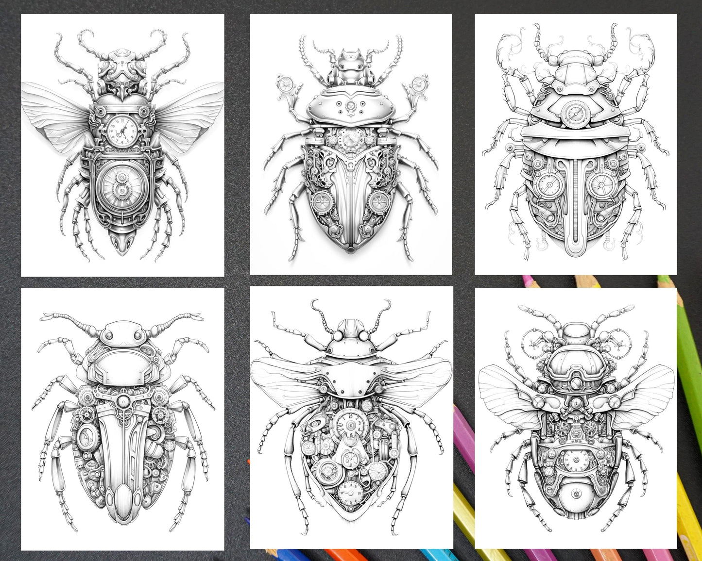 42 Steampunk Bugs Grayscale Coloring Pages Printable for Adults, PDF File Instant Download