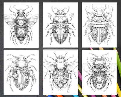 42 Steampunk Bugs Grayscale Coloring Pages Printable for Adults, PDF File Instant Download