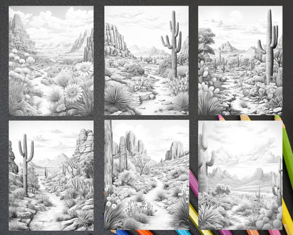 40 Desert Landscapes Grayscale Coloring Pages Printable for Adults, PDF File Instant Download