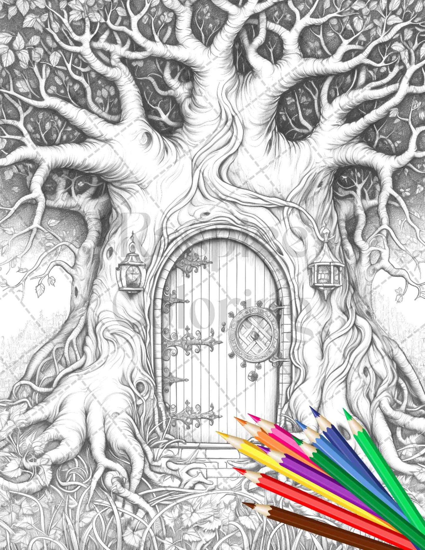 40 Magical Forest Gates Grayscale Coloring Pages Printable for Adults, PDF File Instant Download