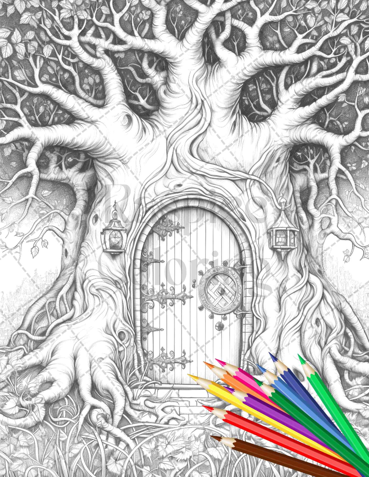 40 Magical Forest Gates Grayscale Coloring Pages Printable for Adults, PDF File Instant Download