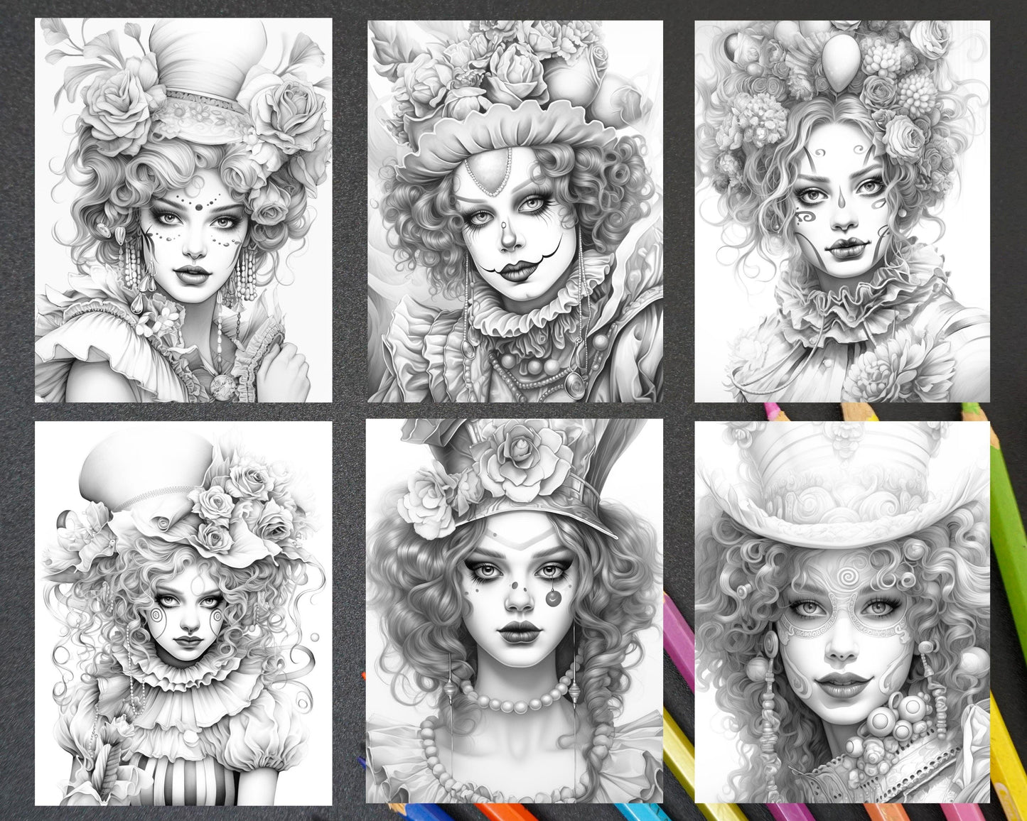 42 Beautiful Clown Girls Grayscale Coloring Pages Printable for Adults, PDF File Instant Download