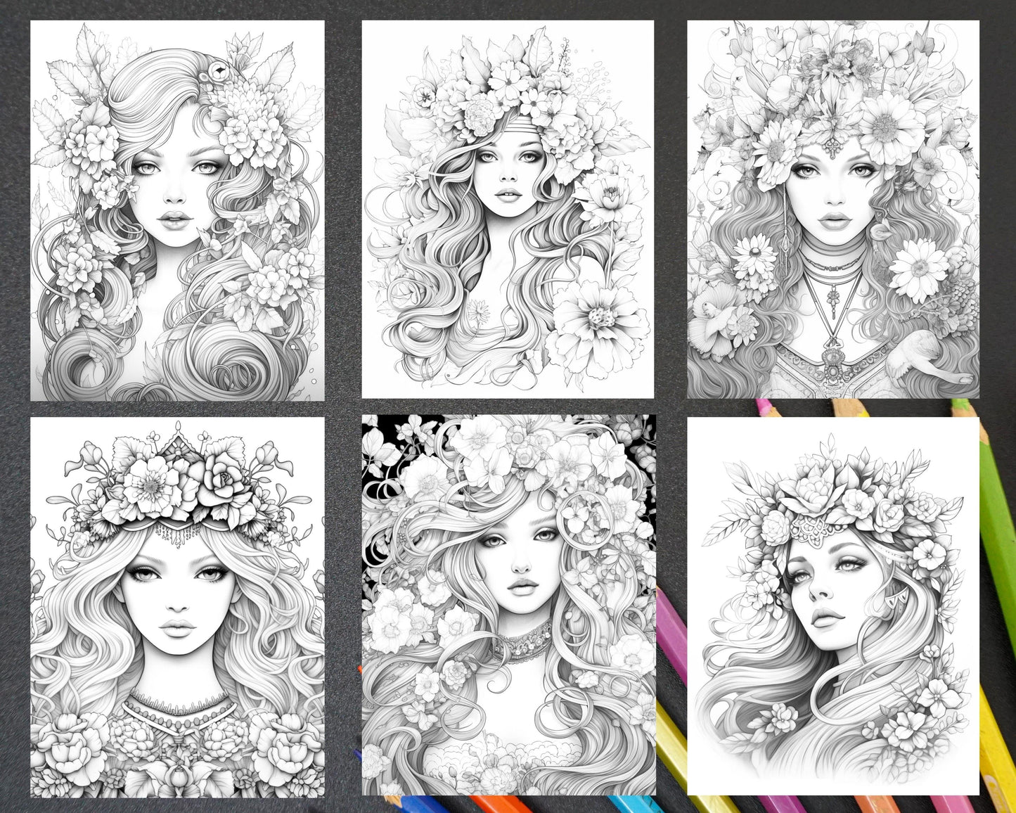 38 Flower Goddess Coloring Pages Printable for Adults, Grayscale Coloring Page, PDF File Instant Download