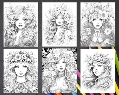 38 Flower Goddess Coloring Pages Printable for Adults, Grayscale Coloring Page, PDF File Instant Download