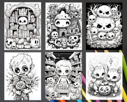 40 Halloween Creepy Kawaii Grayscale Coloring Pages for Adults and Kids, Printable PDF File Instant Download