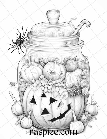 40 Halloween in Jar Grayscale Coloring Pages for Adults, Printable PDF File Instant Download