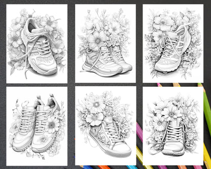 40 Flower Sneakers Grayscale Coloring Pages Printable for Adults, PDF File Instant Download