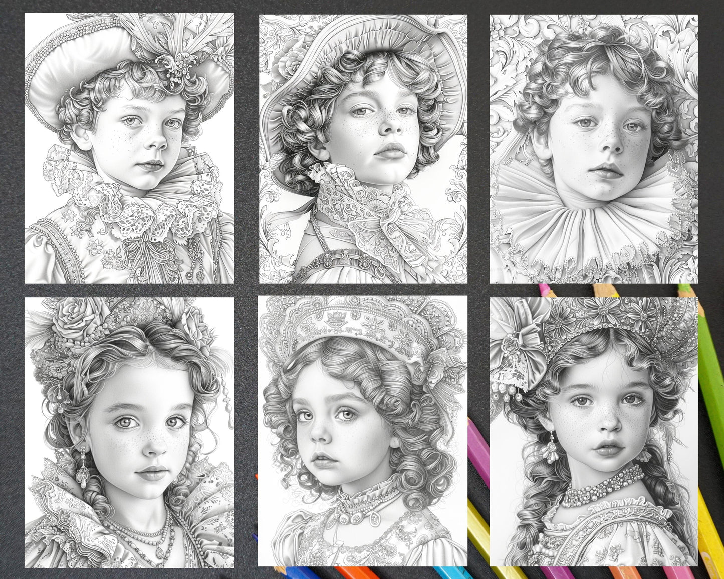 100 Elizabethan British Royal Portraits Grayscale Adult Coloring Pages, Printable PDF Instant Download