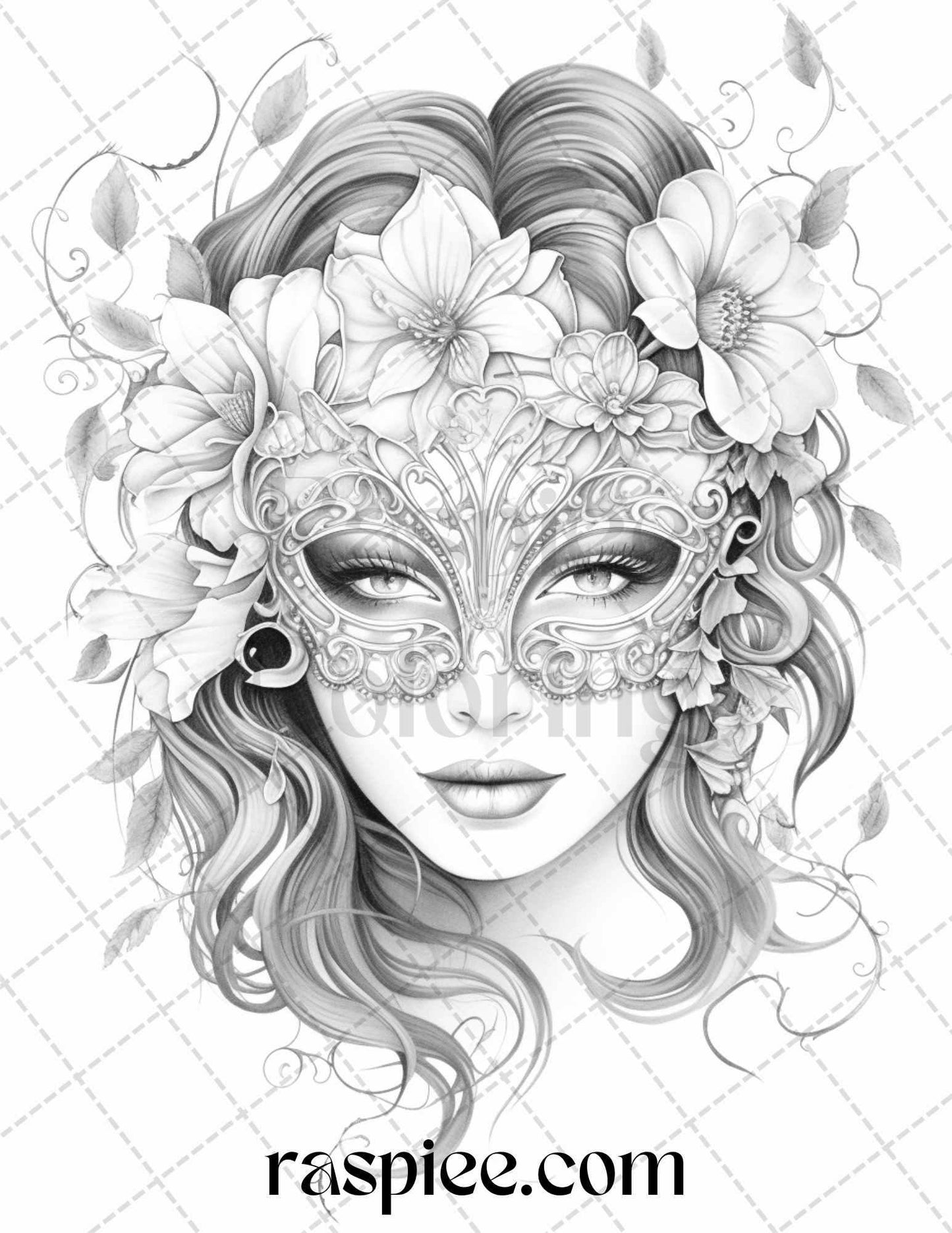 40 Masquerade Masks Grayscale Coloring Pages Printable for Adults, PDF File Instant Download