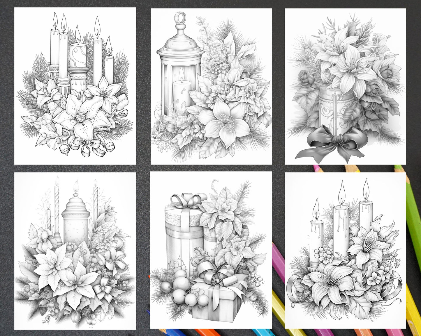 45 Christmas Flowers Grayscale Coloring Pages Printable for Adults, PDF File Instant Download