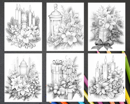 45 Christmas Flowers Grayscale Coloring Pages Printable for Adults, PDF File Instant Download